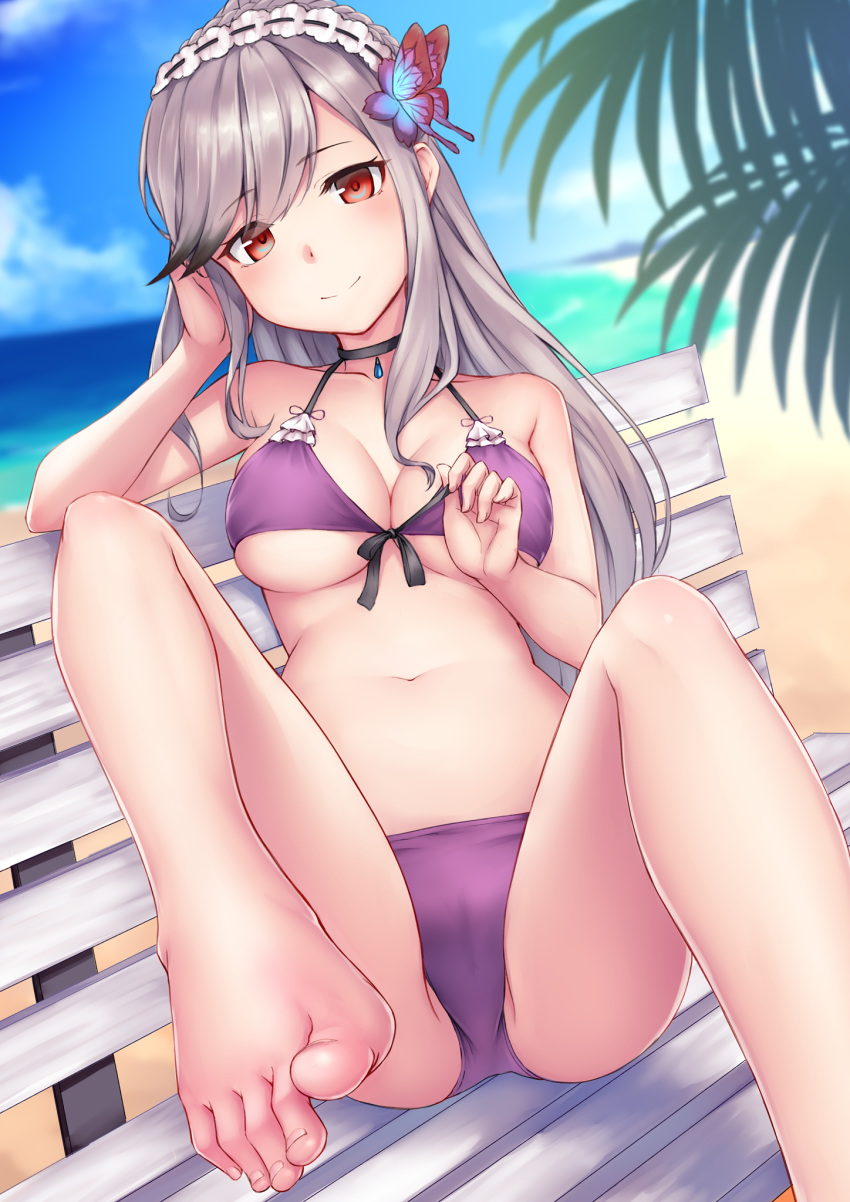 arm_behind_back azur_lane barefoot beach bench bikini blue_sky blush breasts butterfly_hair_ornament cameltoe cloud collarbone day dunkerque_(azur_lane) dunkerque_(summer_sucre)_(azur_lane) feet female foot_focus foreshortening front-tie_bikini_top front-tie_top grey_hair hair_ornament halterneck head_rest head_tilt highres light_smile long_hair looking_at_viewer medium_breasts navel nya-c ocean official_alternate_costume on_bench outdoors palm_tree purple_bikini red_eyes sitting sky solo swimsuit toes tree untying