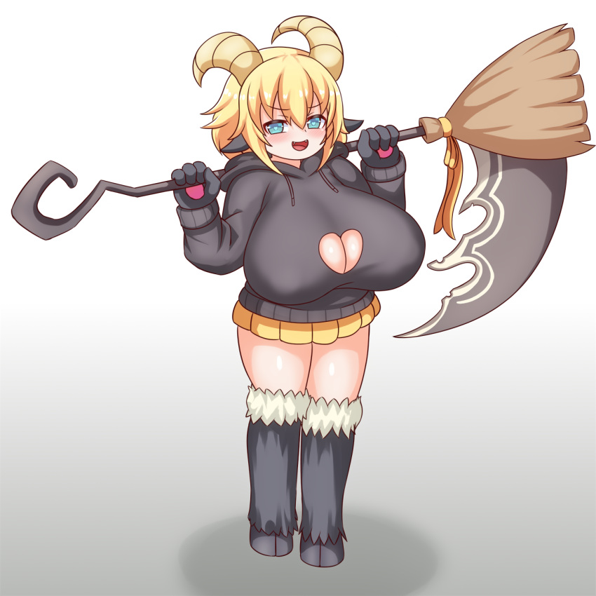 animal_ears aqua_eyes baphomet_(monster_girl_encyclopedia) black_hoodie blonde_hair breasts broom cleavage cleavage_cutout clothing_cutout commentary commission english_commentary fangs female fewer_digits goat_ears goat_girl goat_horns heart heart-shaped_pupils heart_cutout highres hood hoodie hooves horns huge_breasts medium_hair miniskirt monster_girl monster_girl_encyclopedia nav_(itsnav) open_mouth scythe shortstack simple_background skirt smile solo symbol-shaped_pupils