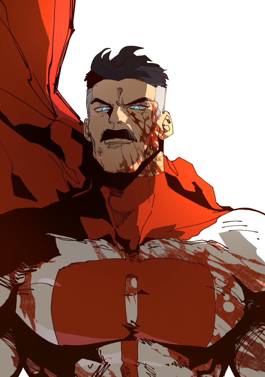 1boy absurdres black_hair blood blood_on_clothes blood_on_face blood_splatter blue_eyes bodysuit cape commentary english_commentary facial_hair highres implied_murder invincible_(series) isaacchief300 large_pectorals male_focus moustache multicolored_hair muscular muscular_male omni-man pectorals red_cape short_hair simple_background solo superhero_costume two-tone_hair upper_body western_comics_(style) white_background