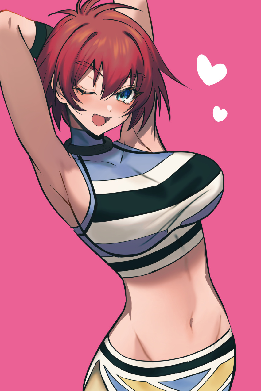 absurdres akimachi armpits arms_up black_collar blue_eyes blush breasts collar commentary_request crop_top female genderswap_(mtf) heart highres large_breasts midriff navel one_eye_closed open_mouth pink_background red_hair reid_hershel rule_63 sideboob solo standing tales_of_(series) tales_of_eternia tomboy upper_body