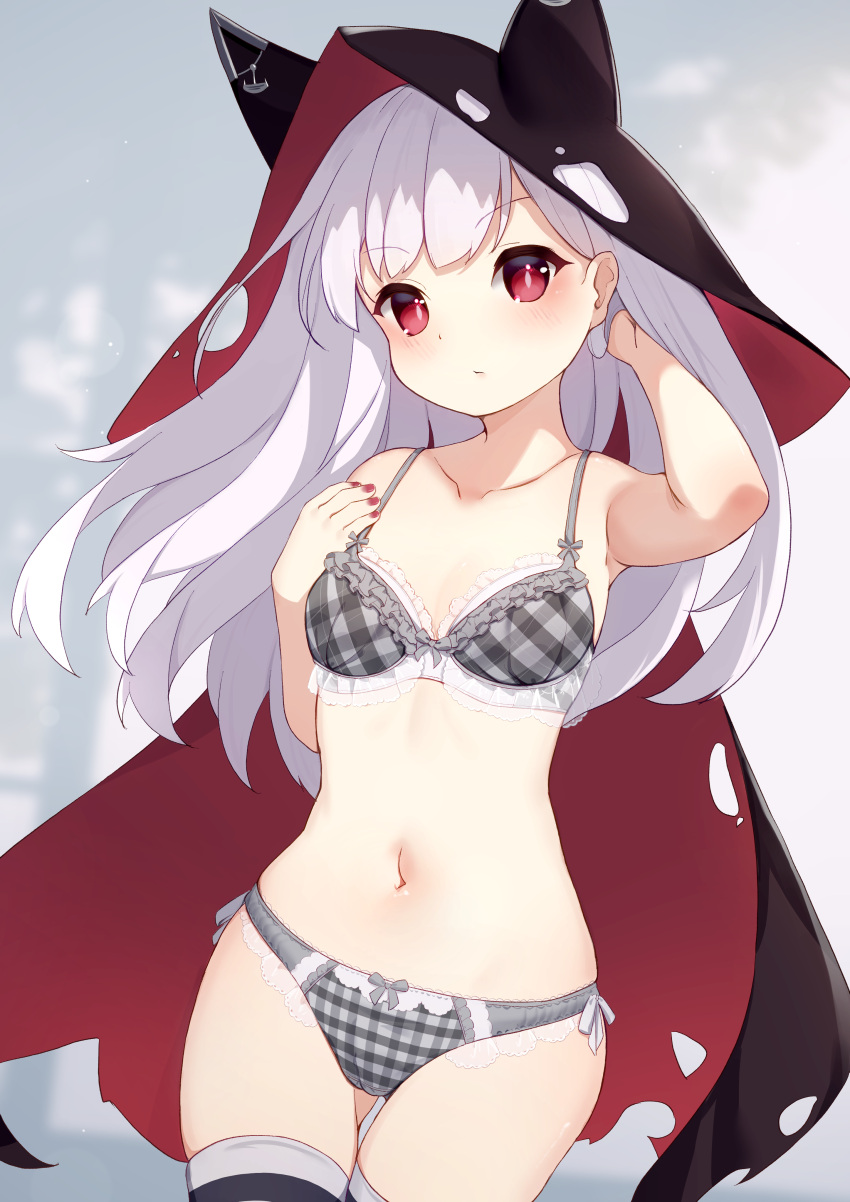 absurdres azur_lane bare_arms bare_shoulders black_cloak black_thighhighs blush bow bow_bra bow_panties bra breasts cloak closed_mouth collarbone commentary_request commission erebus_(azur_lane) female grey_bra grey_hair grey_panties hand_up highres hinata_(user_rjkt4745) hood hood_up hooded_cloak long_hair nail_polish navel panties pixiv_commission plaid plaid_bra plaid_panties red_eyes red_nails small_breasts solo thighhighs torn_cloak torn_clothes underwear