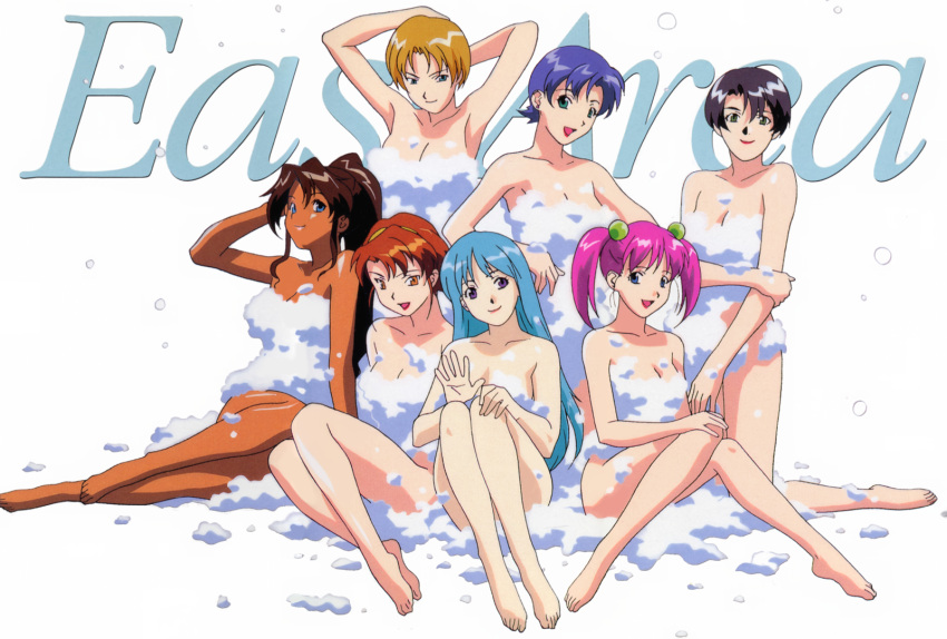 1990s_(style) 6+girls arm_grab arms_up barefoot black_hair blonde_hair blue_eyes blue_hair breasts brown_hair convenient_censoring dark-skinned_female dark_skin fujiki_sayuri green_eyes hair_bobbles hair_ornament hairband hand_on_own_knee hibino_seina high_ponytail highres ikusawa_kyouko kneeling knees_together_feet_apart knees_up large_breasts light_blue_hair lipstick long_hair makeup medium_breasts miyazawa_mayu multiple_girls nakamura_masumi nishino_risa non-web_source official_art open_mouth pink_hair purple_eyes red_eyes red_hair red_lips retro_artstyle short_hair simple_background sitting smile soap_bubbles soap_censor takiguchi_shouko twintails white_background yamada_masaki yokozuwari zenkoku_seifuku_bishoujo_grand_prix