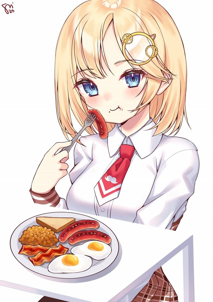 bacon beans blonde_hair blue_eyes blush bread breasts brown_skirt collared_shirt dress_shirt eating egg_(food) female food fork fried_egg highres holding holding_fork hololive hololive_english large_breasts long_sleeves medium_hair monocle mustache_print necktie plaid plaid_skirt plate red_necktie shirt short_necktie signature skirt solo table virtual_youtuber watashishi watson_amelia watson_amelia_(1st_costume) white_shirt