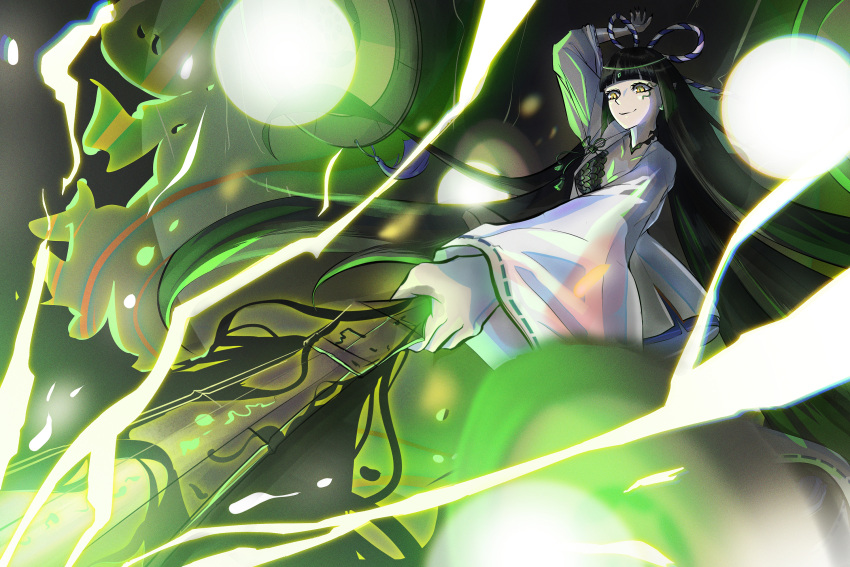 ame-no-murakumo-no-tsurugi black_hair breasts cleavage commentary energy_beam eoreddo female floating_hair hand_up highres holding holding_sword holding_weapon long_hair long_sleeves nontraditional_miko powering_up ribbon-trimmed_sleeves ribbon_trim rope shimenawa snake_tattoo solo sword tattoo tenka_hyakken underlighting very_long_hair weapon yellow_eyes