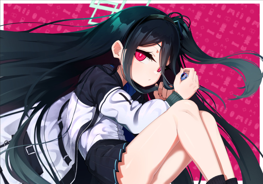 <key>_(blue_archive) black_hair black_skirt blue_archive commentary_request female folded hair_between_eyes hairband halo holding irokohaku jacket long_hair looking_at_viewer necktie one_side_up red_eyes school_uniform shirt simple_background sitting skirt very_long_hair white_shirt