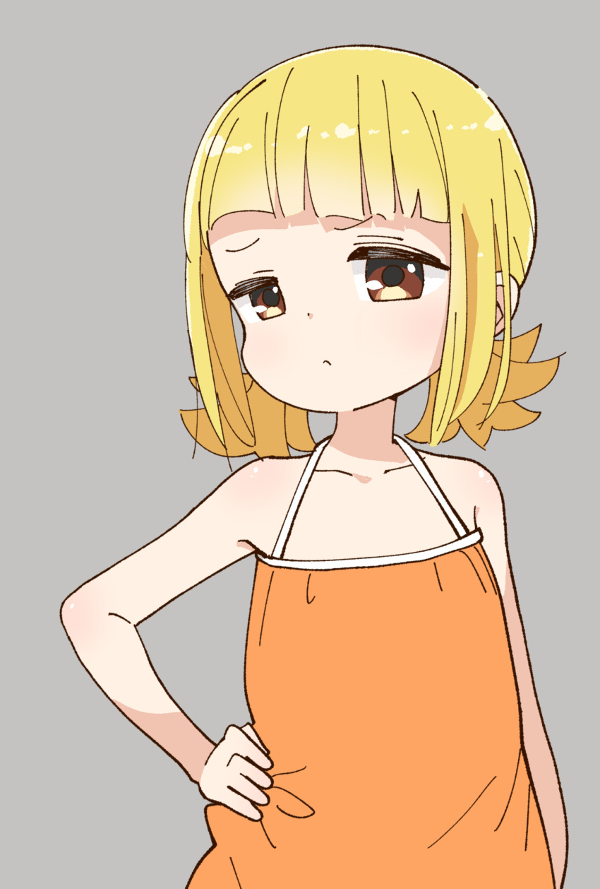 bare_shoulders blonde_hair blunt_bangs brown_eyes closed_mouth collarbone commentary_request dress female flat_chest grey_background hand_on_own_hip highres katsuwo_(cr66g) kise_saki looking_at_viewer medium_hair mitsuboshi_colors orange_dress simple_background sleeveless sleeveless_dress solo upper_body