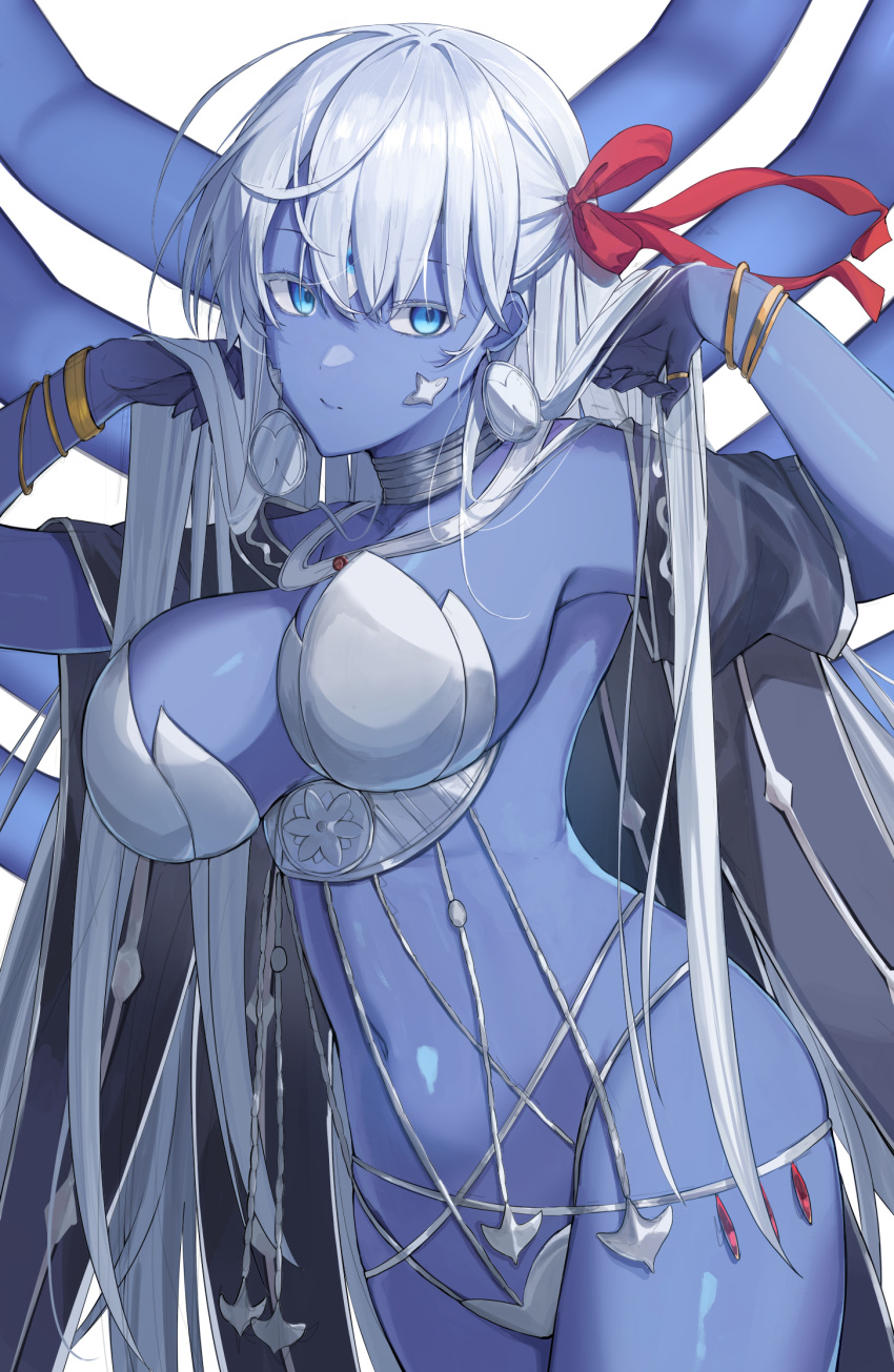 armor armpits arms_up bare_shoulders belly_chain bikini_armor blue_eyes blue_skin bracelet breasts cleavage collarbone colored_skin earrings extra_arms fate/grand_order fate_(series) female hair_ribbon highres jewelry kali_(fate) large_breasts long_hair looking_at_viewer navel neck_ring necklace ref_(pmxt4483) revealing_clothes ribbon sash solo thighs third_eye thumb_ring very_long_hair white_hair