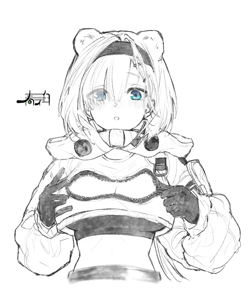 animal_ears arknights aurora_(arknights) bear_ears blue_eyes blush breasts cleavage crop_top cropped_jacket cropped_torso eyes_visible_through_hair female gloves hair_over_one_eye hairband harukan_tiusu highres long_sleeves medium_breasts monochrome parted_lips puffy_long_sleeves puffy_sleeves short_hair simple_background solo spot_color upper_body white_background