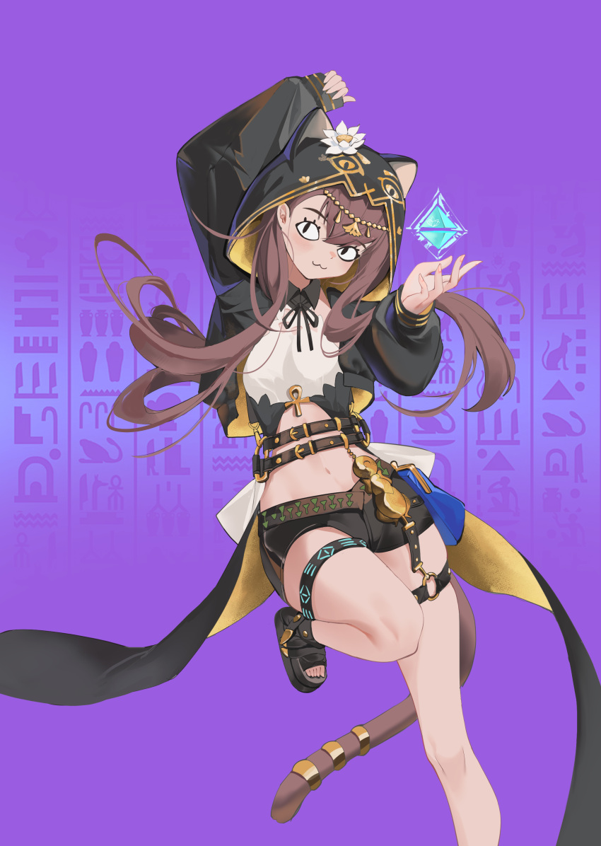 <|>_<|> :3 absurdres ankh arknights arm_up black_footwear black_jacket black_shorts brown_hair brown_tail closed_mouth crop_top cropped_jacket crystal enaga_(bilibili_5713976) female flower foot_out_of_frame hand_up head_chain hieroglyphics highres hood hood_up hooded_jacket infection_monitor_(arknights) jacket jewelry leg_up long_hair long_sleeves looking_at_viewer navel no_socks o-ring o-ring_thigh_strap open_clothes open_jacket pepe_(arknights) purple_background sandals shorts smile solo standing standing_on_one_leg tail tail_ornament tail_ring thigh_strap toeless_footwear toes white_flower yellow_jacket