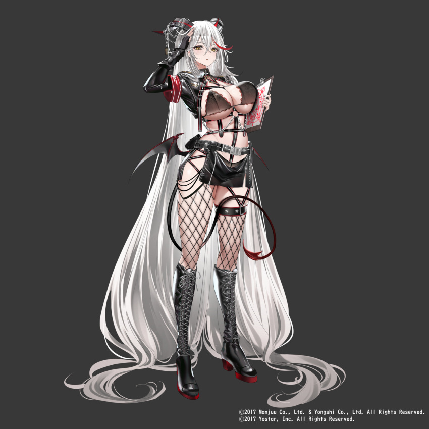 absurdly_long_hair aegir_(azur_lane) arm_up azur_lane black_background black_footwear black_gloves black_horns boots breasts clipboard female fingerless_gloves fishnet_pantyhose fishnet_thighhighs fishnets full_body gloves hair_spread_out highres holding holding_clipboard horns knee_boots large_breasts long_hair low_wings merchandise_available official_art pantyhose simple_background single_thighhigh solo standing tail teddy_(khanshin) thighhighs thighs underboob very_long_hair white_hair wings