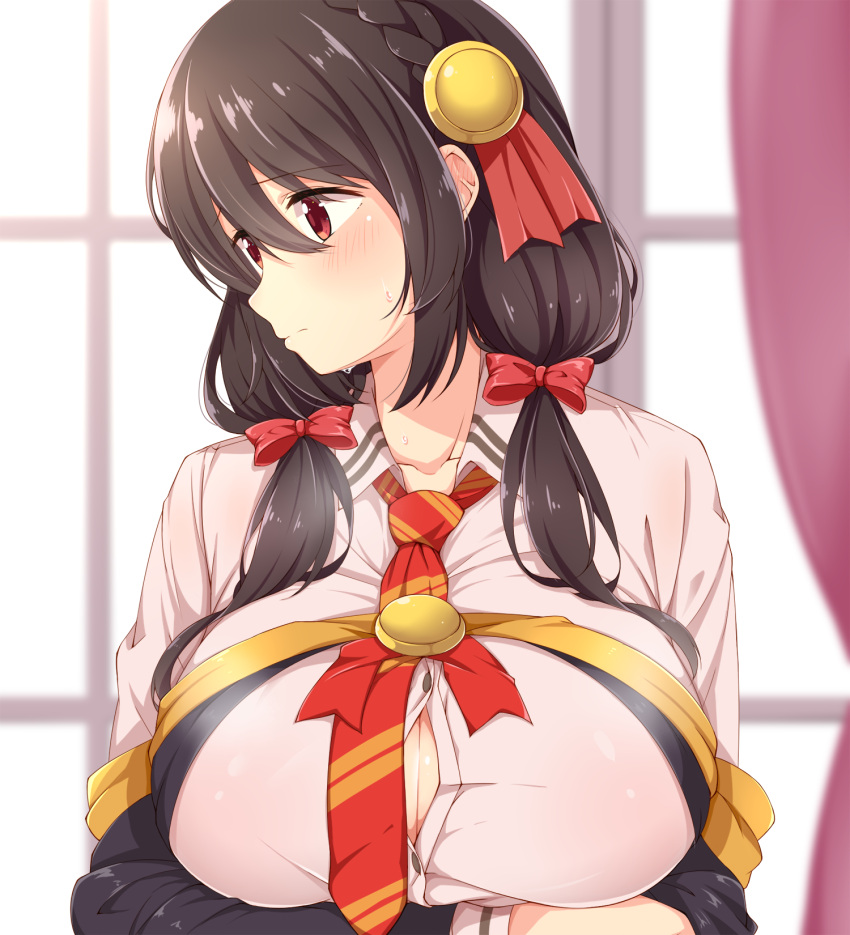 arms_under_breasts between_breasts black_hair blurry blurry_background blush bow braid breasts cleavage closed_mouth collared_shirt commentary_request crossed_arms dou-t dress ear_blush female hair_between_eyes hair_ornament hairbow highres indoors kono_subarashii_sekai_ni_shukufuku_wo! large_breasts long_sleeves looking_to_the_side low_twintails medium_hair necktie necktie_between_breasts pink_dress red_bow red_eyes red_necktie red_prison_magic_school_uniform school_uniform shirt solo split_mouth sweat twintails window yunyun_(konosuba)