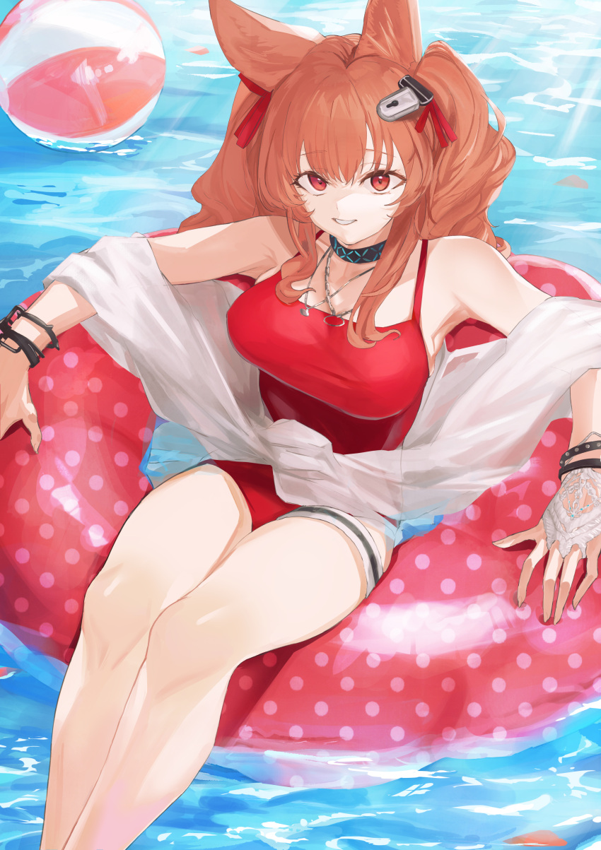 absurdres afloat angelina_(arknights) angelina_(summer_flower)_(arknights) animal_ears arknights ball bare_shoulders beachball breasts brown_hair casual_one-piece_swimsuit earpiece feet_out_of_frame female fox_ears highres infection_monitor_(arknights) inflatable_toy jewelry long_hair looking_at_viewer midu5 necklace official_alternate_costume one-piece_swimsuit red_eyes red_one-piece_swimsuit red_ribbon ribbon sarong smile solo swimsuit swimsuit_cover-up thigh_strap twintails water white_sarong