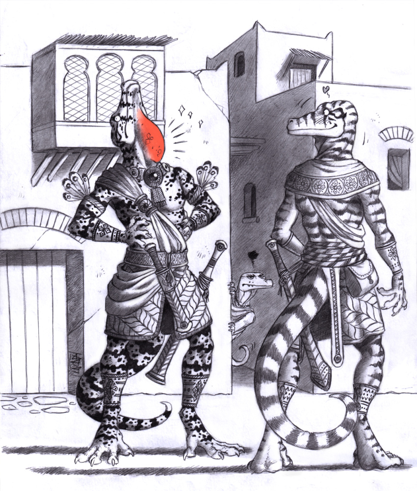 0laffson anthro biped blush blush_lines claws clothed clothing dewlap_(anatomy) fingers graphite_(artwork) group gular_sac hi_res lizard male mating_display pencil_(artwork) reptile scalie tail traditional_media_(artwork) trio window