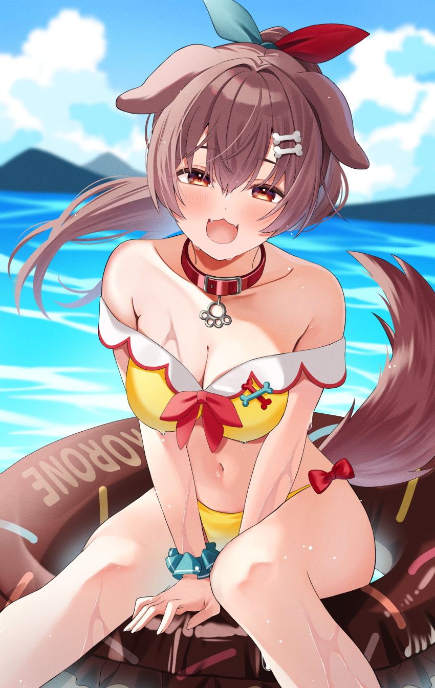 absurdres animal_ears bikini blue_sky blush bone_hair_ornament breasts brown_eyes brown_hair cleavage cloud collar dog_ears dog_girl dog_tail fangs female hair_ornament highres hololive innertube inugami_korone long_hair looking_at_viewer maki_oimo medium_breasts navel open_mouth ponytail red_collar sky smile solo swim_ring swimsuit tail virtual_youtuber water yellow_bikini