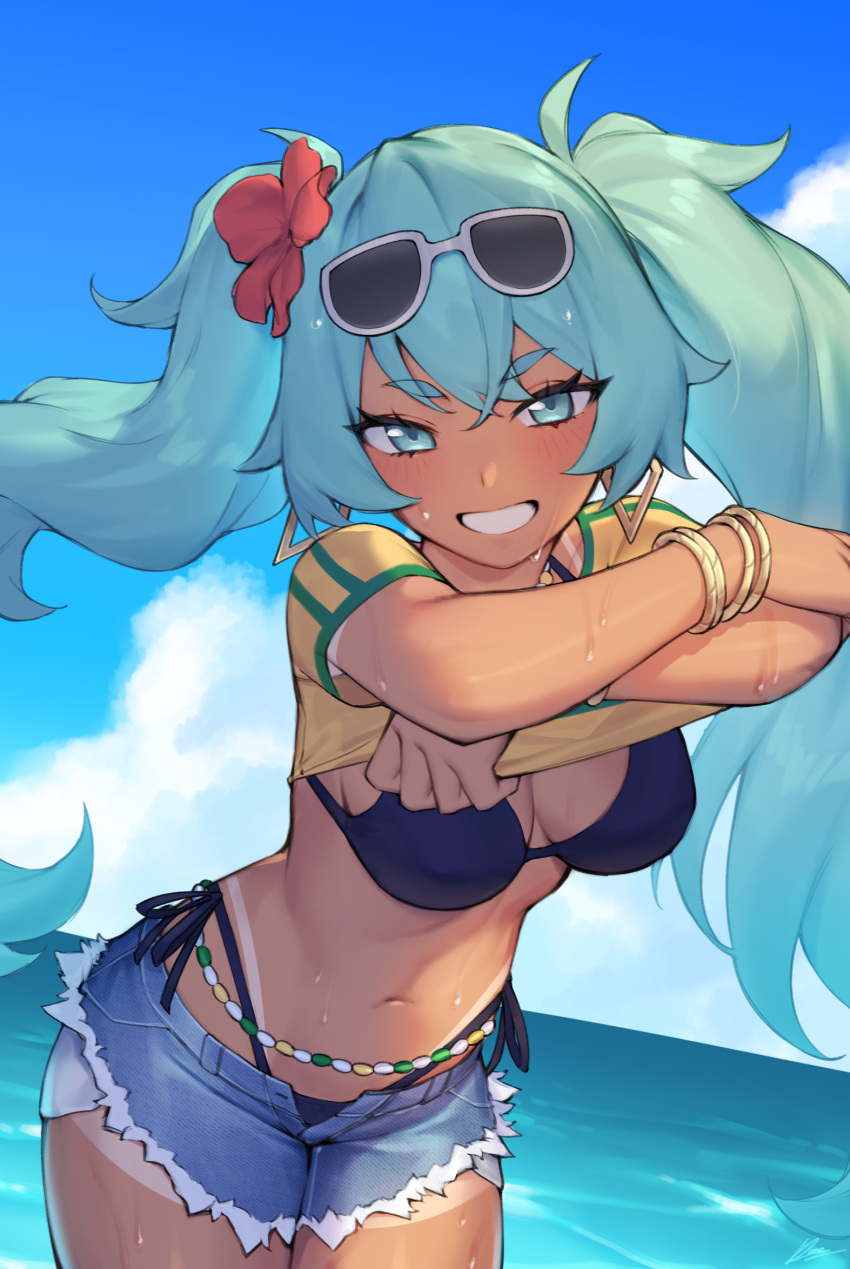 aqua_eyes aqua_hair brazilian_miku dark-skinned_female dark_skin dasdokter earrings eyewear_on_head female flower hair_flower hair_ornament hatsune_miku highres jewelry long_hair looking_at_viewer navel shirt solo tan tanlines twintails vocaloid yellow_shirt