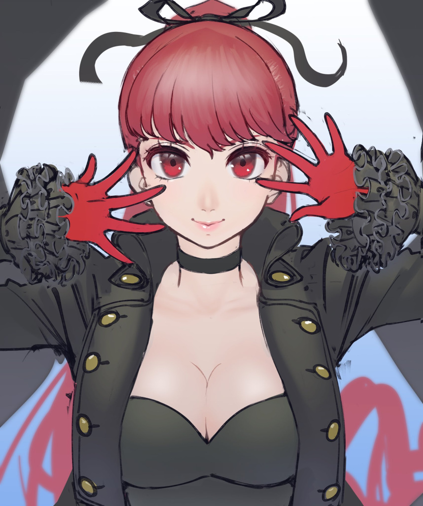 black_coat breasts buttons choker cleavage coat frilled_cuffs gloves gold_buttons hair_ribbon hands_up highres large_breasts looking_at_viewer medium_bangs open_clothes open_coat persona persona_5 persona_5_the_royal poechan_chan ponytail red_eyes red_gloves red_hair ribbon smile upper_body yoshizawa_kasumi