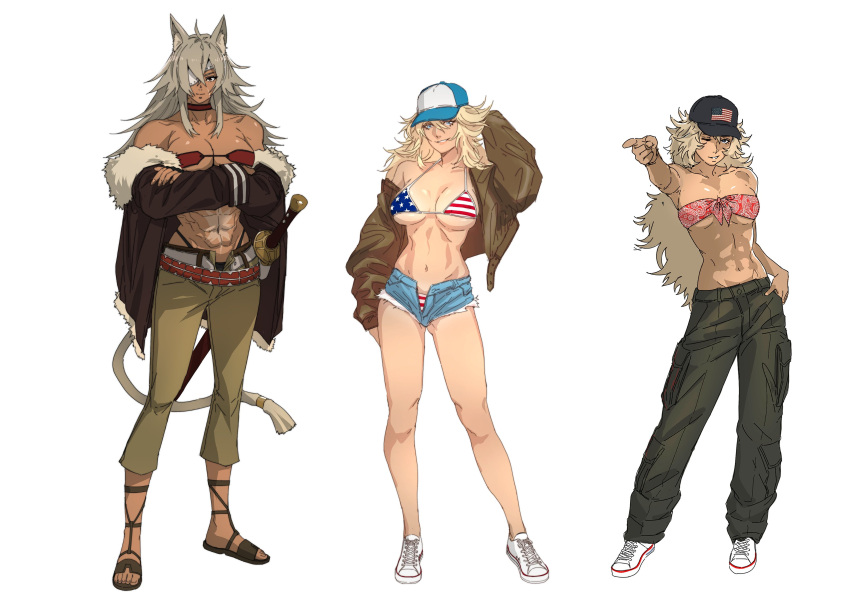 3girls abs absurdres ahoge american_flag american_flag_bikini american_flag_print animal_ears argent_moon bandeau bare_legs bare_shoulders baseball_cap belt bikini black_panties blonde_hair blue_eyes breasts brown_jacket cat_ears cat_girl cat_tail choker cleavage collarbone converse crossed_arms crossed_bangs dark-skinned_female dark_skin denim denim_shorts eyepatch feet flag_print full_body fur-trimmed_jacket fur_trim ghislaine_dedoldia green_pants grey_hair hair_between_eyes hat highleg highleg_panties highres jacket large_breasts long_hair looking_at_viewer multiple_girls muscular muscular_female mushoku_tensei navel obliques off_shoulder one-eyed open_belt open_clothes open_jacket open_pants original panties pants print_bikini red_bandeau red_choker red_eyes sandals scabbard scar scar_on_cheek scar_on_face scar_on_stomach sheath shoes short_shorts shorts simple_background smile sneakers standing swimsuit sword tail tail_ornament tail_ring toeless_footwear toes underwear weapon white_background