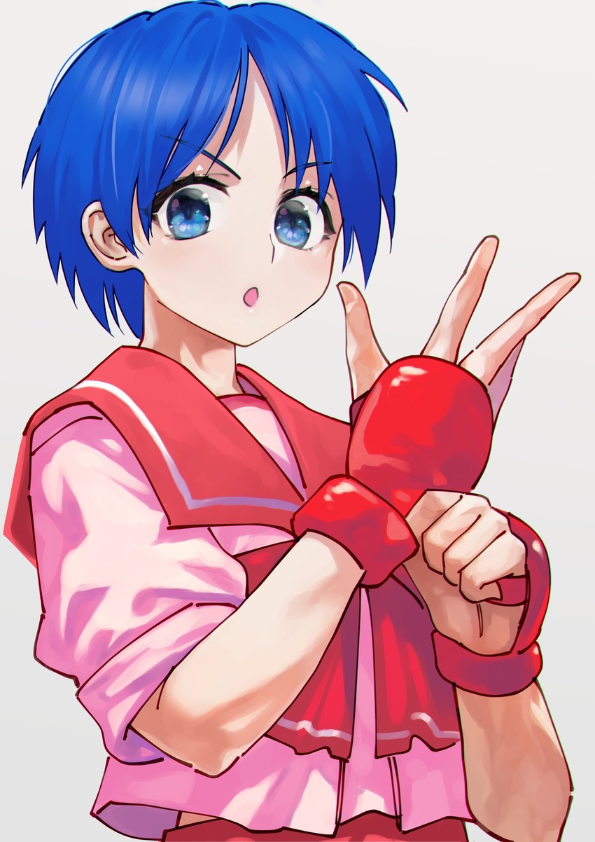 adjusting_clothes adjusting_gloves blue_eyes blue_hair female gloves highres looking_at_viewer matsubara_aoi open_mouth otsudou red_gloves red_neckwear short_hair sleeves_rolled_up solo to_heart to_heart_(series) upper_body