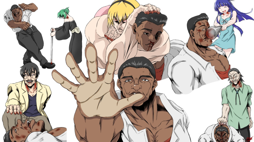 3boys 3girls akasaka_mamoru baseball_bat black_hairband blonde_hair choke_hold cosplay crossover dark-skinned_male dark_skin death furude_rika grappler_baki green_hair hairband highres higurashi_no_naku_koro_ni hoshi_souichirou houjou_satoko itagaki_keisuke_(style) katana kimiyoshi_kiichirou maebara_keiichi maebara_keiichi_(cosplay) mohammad_alai_jr. momonjya multiple_boys multiple_girls murder muscular muscular_female muscular_male outstretched_hand parody sonozaki_akane strangling style_parody sword voice_actor_connection weapon