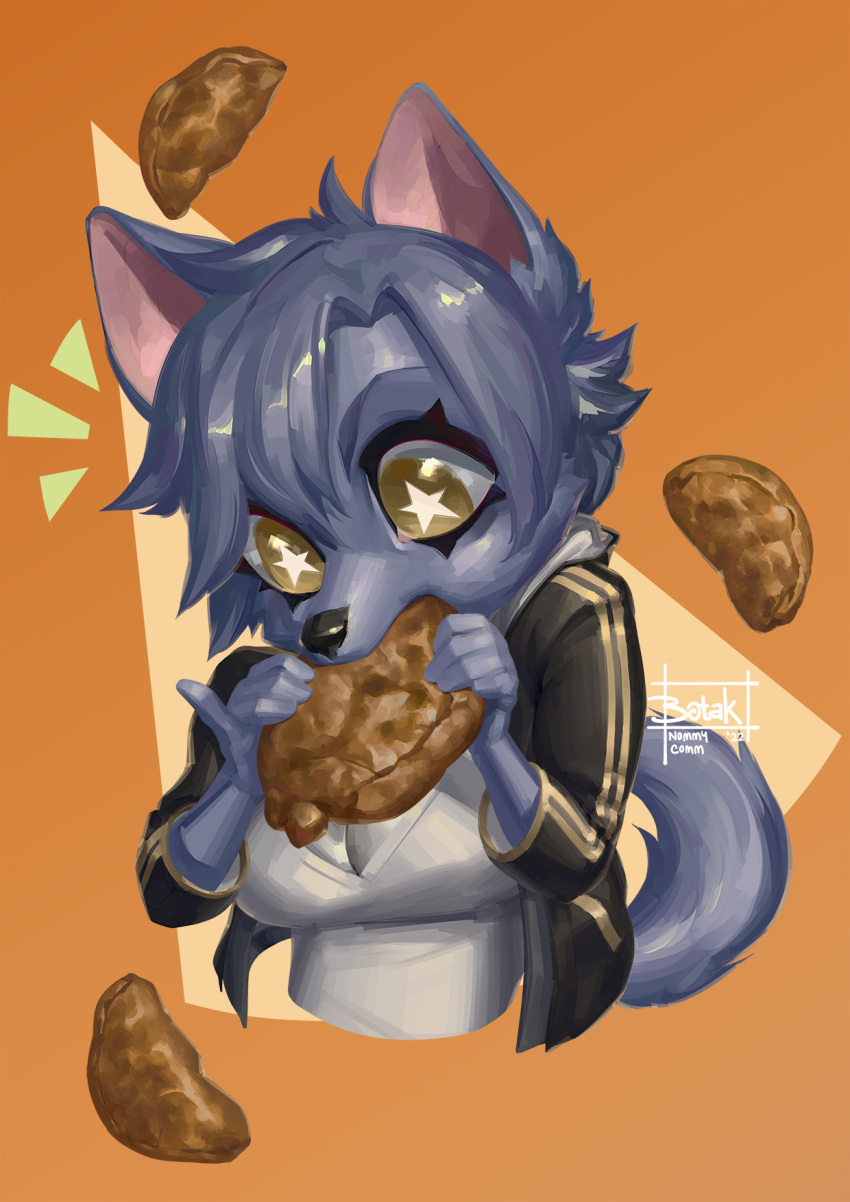 2022 anthro black_clothing black_hoodie black_nose black_topwear blue_body blue_fur blue_hair botak breasts canid canine canis chibi clothing eating female food fur hair half-length_portrait hi_res holding_food holding_object hoodie maku_(maku450) mammal orange_background portrait shirt simple_background solo star_eyes topwear white_clothing white_shirt white_topwear wolf