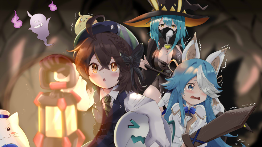 3girls :3 ahoge animal_ears animal_on_head azur_lane bat_ears beret black_dress black_ribbon blue_hair blue_headwear blue_jacket blurry blurry_background boise_(azur_lane) boise_(castle_tales)_(azur_lane) braid breasts bristol_(azur_lane) brown_hair cleavage collared_shirt commentary_request crossed_bangs dress ears_through_headwear fake_animal_ears ghost hair_between_eyes hair_over_one_eye hair_ribbon hat highres holding holding_lantern holding_sword holding_weapon huge_breasts jacket lantern long_hair maille-breze_(azur_lane) manjuu_(azur_lane) mask mechanical_ears meowfficer_(azur_lane) mouth_mask multicolored_hair multiple_girls necktie night official_alternate_costume on_head plague_doctor_mask ribbon robot scared shirt side_braid sleeveless sleeveless_jacket streaked_hair striped_necktie sword tonchinkan trembling two-tone_hair weapon white_dress white_hair white_shirt witch_hat wooden_sword yellow_eyes