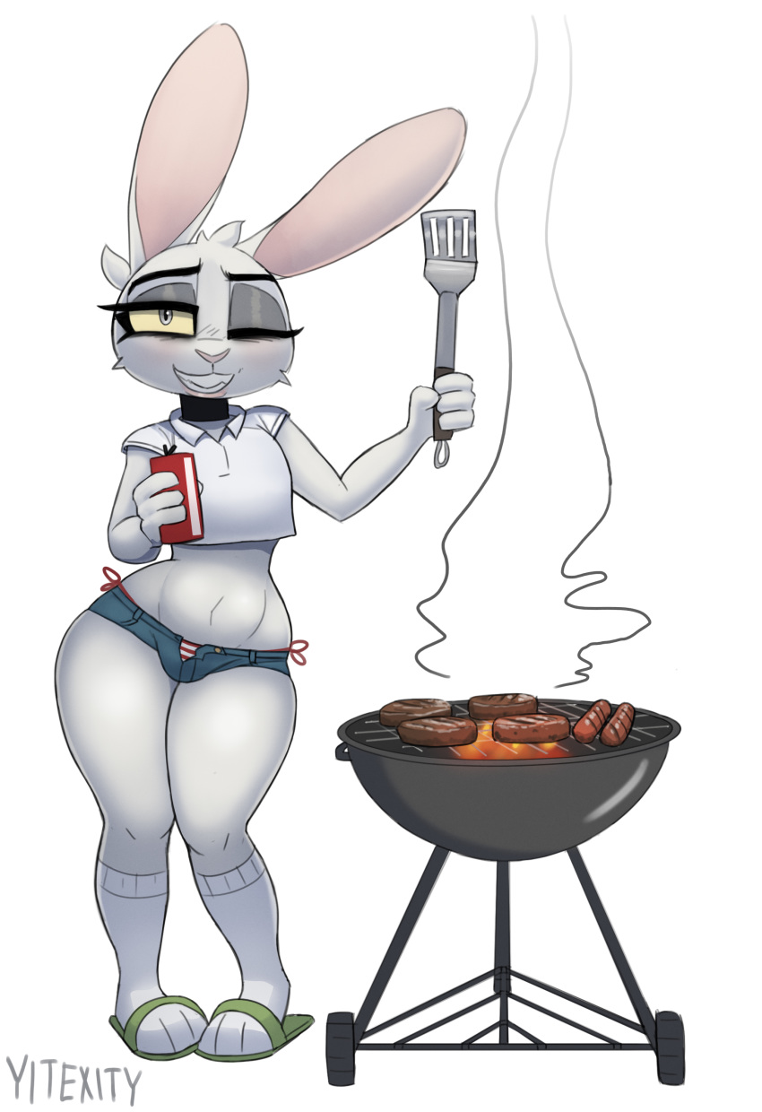 2020 absurd_res anthro barbecue bottomwear bulge cheek_tuft choker clothed clothing crop_top cutoffs daisy_dukes denim denim_bottomwear denim_clothing disney facial_tuft fan_character femboy fire food footwear grey_eyes grill head_tuft hi_res holding_object holding_spatula holding_tool hotpants i_just_wanna_grill jewelry lagomorph legwear leporid looking_at_viewer male mammal meat meme navel necklace one_eye_closed panties rabbit redraw sandals sausage shirt shorts side-tie_panties signature simple_background smile smoke socks socks_with_sandals solo spatula standing texi_(yitexity) thick_thighs tools topwear tuft unbuttoned unbuttoned_pants underwear unzipped unzipped_pants white_background wide_hipped_female wide_hips wink yellow_sclera yitexity zipper zootopia