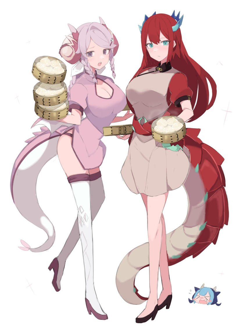 >_< 2girls alternate_costume blue_eyes blue_hair bowl braid breasts chibi chibi_inset china_dress chinese_clothes cleavage_cutout clothing_cutout dragon_girl dragon_horns dragon_tail dress duel_monster dumpling food full_body highres holding holding_bowl horns kitchen_dragonmaid large_breasts laundry_dragonmaid long_hair multicolored_hair multiple_girls nurse_dragonmaid pink_hair red_hair sakuragi_raia tail thighhighs two-tone_hair yu-gi-oh!