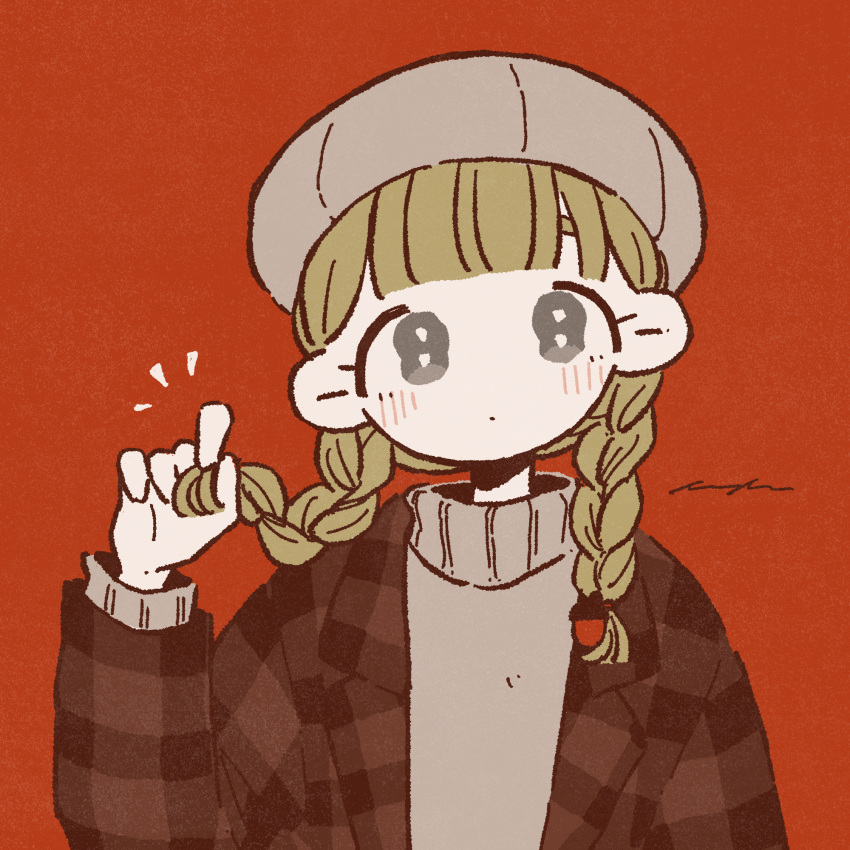 :| beret blonde_hair blunt_bangs braid closed_mouth expressionless female film_grain grey_eyes grey_hat hand_up hat head_tilt highres holding holding_own_hair jacket keke_(kotowari) limited_palette long_hair long_sleeves looking_at_viewer low_twintails muted_color no_nose notice_lines open_clothes open_jacket original plaid plaid_jacket red_background signature simple_background solo tareme turtleneck twin_braids twintails upper_body