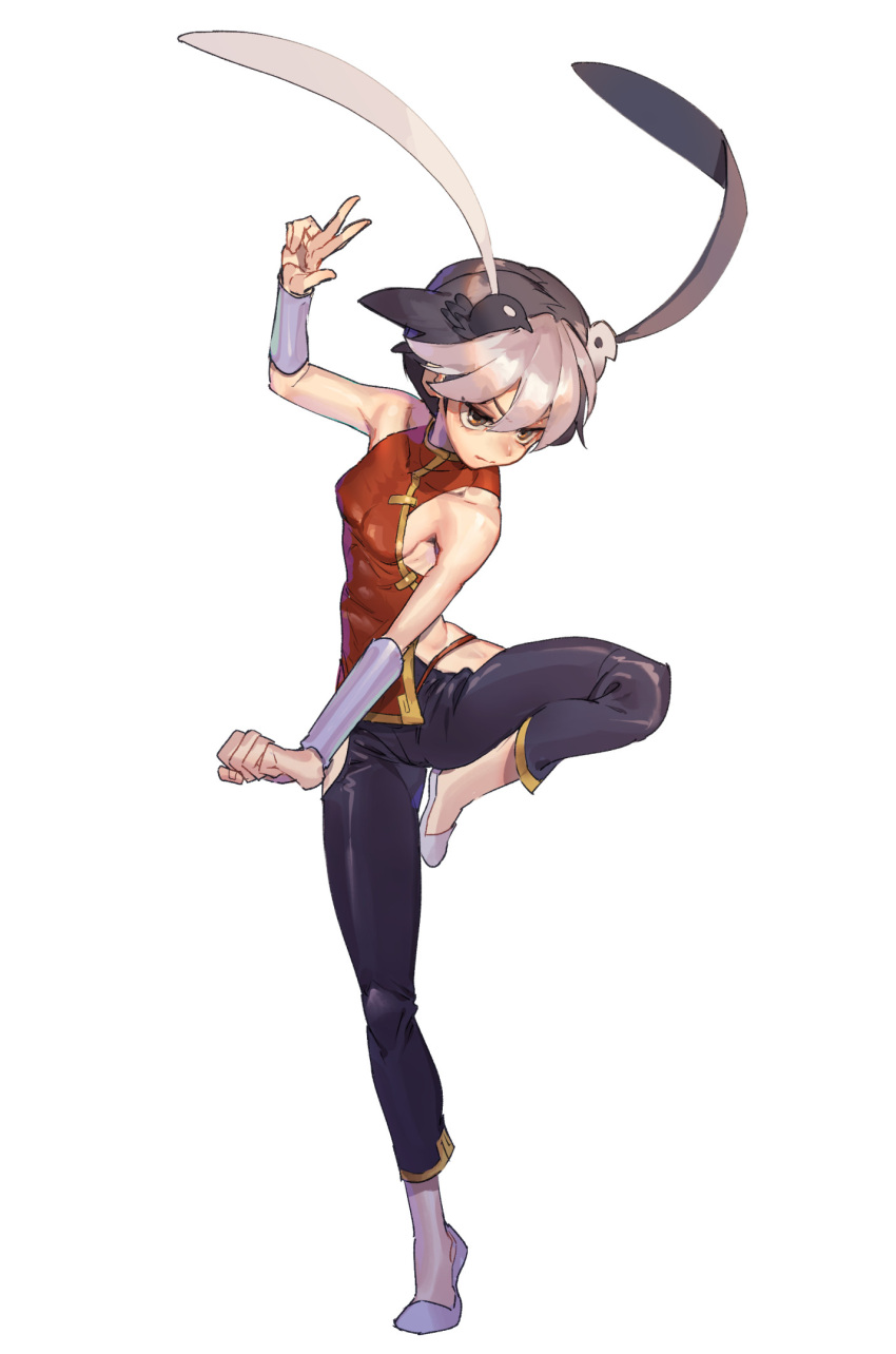 animal_ears bare_shoulders black_hair brown_eyes china_dress chinese_clothes closed_mouth collarbone covered_collarbone dress fake_animal_ears female feng_(skullgirls) fighting_stance grey_background hair_between_eyes highres multicolored_hair rabbit_ears short_hair simple_background skullgirls solo standing standing_on_one_leg tanakalma vambraces w white_hair yin_yang