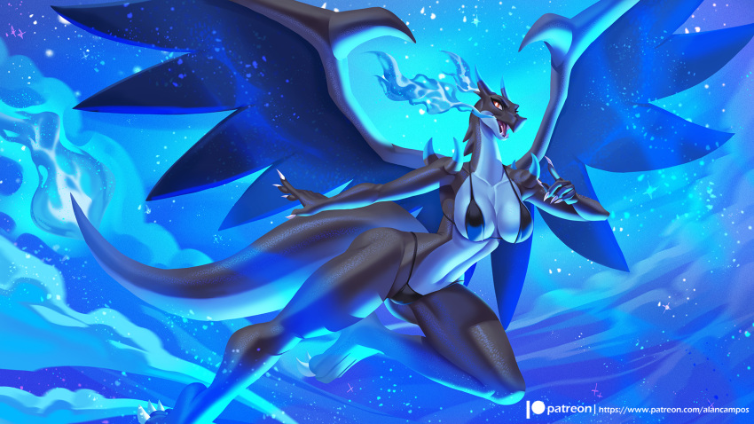 2023 alanscampos anthro big_breasts big_wings bikini black_bikini black_body black_clothing black_swimwear blue_eyes breasts clothing eyebrows eyelashes fangs feet female generation_6_pokemon glistening hi_res horn looking_at_viewer mega_charizard mega_charizard_x mega_evolution membrane_(anatomy) membranous_wings nintendo open_mouth pokemon pokemon_(species) pupils red_eyes solo swimwear teeth white_pupils wings