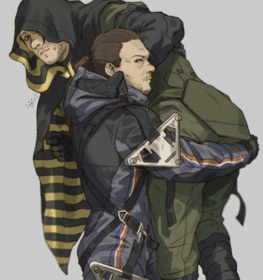 2boys ass black_cape black_gloves boots brown_hair cape carrying carrying_person couple death_stranding facial_hair gloves goatee grey_background hamms_hamss higgs_(death_stranding) highres hood hood_down hood_up hooded_cape male_focus mature_male moustache multiple_boys ponytail sam_porter_bridges short_hair simple_background spacesuit two-tone_cape yaoi yellow_cape