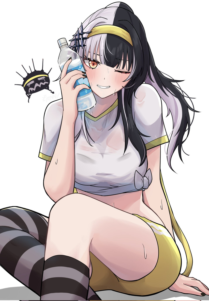 asymmetrical_legwear black_hair black_nails blunt_bangs blush bottle bottle_to_cheek corrupted_twitter_file female grey_hair hair_ornament hairband highres holding holding_bottle hololive hololive_english horizontal-striped_thighhighs kneehighs long_hair looking_at_viewer multicolored_hair one_eye_closed rinny_rin2 shiori_novella shirt short_sleeves shorts sidelocks simple_background socks solo split-color_hair striped_clothes striped_socks striped_thighhighs sweat thighhighs tied_shirt upper_body virtual_youtuber water_bottle wet wet_clothes wet_shirt white_background white_shirt yellow_eyes yellow_hairband yellow_shorts yorick_(shiori_novella)