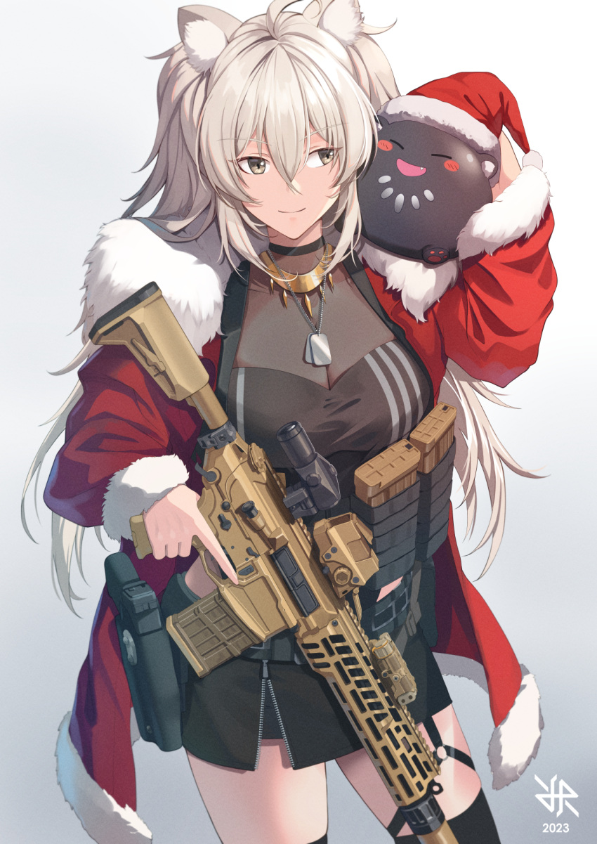 ahoge animal_ear_fluff animal_ears assault_rifle black_shirt black_skirt breasts check_weapon cleavage coat dog_tags female fur-trimmed_coat fur_trim glock grey_eyes grey_hair gun handgun hat highres hiroki_ree hololive holster large_breasts lion_ears lion_girl long_hair optical_sight red_coat red_headwear rifle santa_costume santa_hat shirt shishiro_botan shishiro_botan_(1st_costume) sig_mcx skirt smile ssrb_(shishiro_botan) thigh_holster thighs trigger_discipline virtual_youtuber weapon white_eyes white_hair