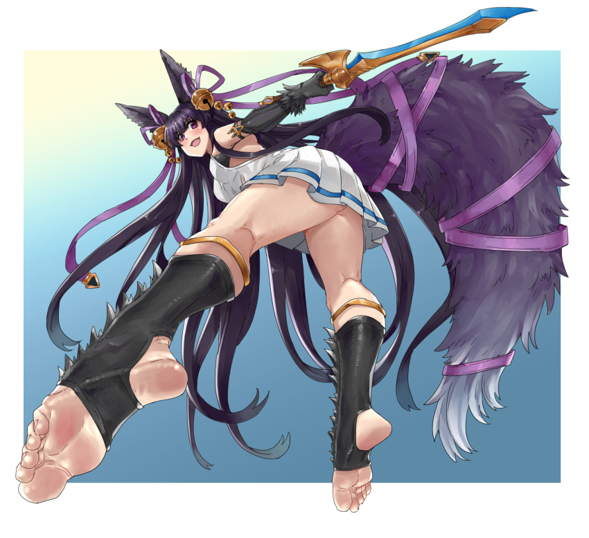 animal_ears ass bell black_bra blush border bra breasts eiji_(eiji) erune feet female foreshortening fox_ears fox_tail from_behind granblue_fantasy granblue_fantasy_versus hair_bell hair_ornament highres holding holding_sword holding_weapon kneepits large_breasts long_hair looking_back open_mouth pleated_skirt purple_hair purple_ribbon ribbon skirt solo spiked_legwear spikes stirrup_legwear sword tail thighs toeless_legwear underwear v-shaped_eyebrows weapon white_border yuel_(granblue_fantasy)