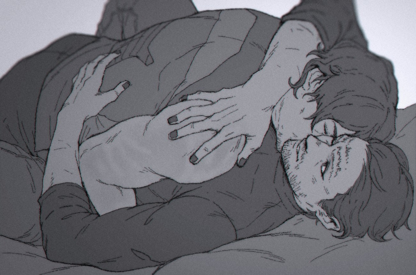 2boys bara bed closed_eyes couple death_stranding facial_hair facial_mark goatee greyscale hamms_hamss higgs_(death_stranding) looking_at_another lying male_focus mature_male monochrome moustache multiple_boys muscular muscular_male nail_polish on_back on_bed pants sam_porter_bridges shirt short_hair smile tank_top yaoi