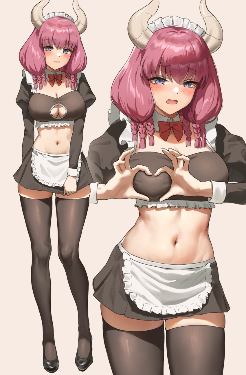 anteiru apron aura_(sousou_no_frieren) aura_bullying_(meme) black_skirt black_thighhighs blue_eyes braid breasts cleavage_cutout clothing_cutout commentary crop_top demon_girl demon_horns female heart heart_hands highres horns juliet_sleeves large_breasts long_hair long_sleeves looking_at_viewer maid maid_apron maid_headdress meme miniskirt multiple_views navel pink_hair pointy_ears puffy_sleeves simple_background skindentation skirt sousou_no_frieren stomach thighhighs white_background zettai_ryouiki