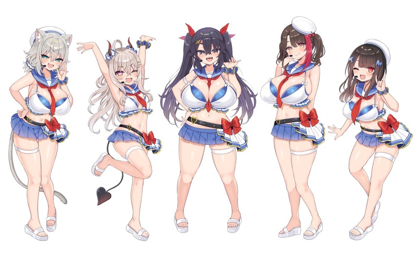 5girls :d ;d \n/ \o/ animal_ears arato_asato arm_behind_back armpit_crease armpits arms_up belt belt_bow bikini bikini_skirt black_belt black_eyes black_hair blue_scrunchie blue_skirt blunt_bangs blush bow bow_bikini breasts brown_eyes brown_hair cat_ears cat_tail cherry_hat_ornament cleavage closed_mouth commentary_request cowlick curtained_hair davi_artman demon_horns demon_tail frilled_bikini_top green_eyes grey_hair hair_between_eyes hair_ornament hair_scrunchie hairbow hairclip hand_on_own_cheek hand_on_own_face hand_on_own_hip hand_up hat heart-shaped_ornament himeno_momo horn_scrunchie horns huge_breasts indie_virtual_youtuber large_breasts leg_up letter_hair_ornament long_hair looking_at_viewer low_twintails lowleg lowleg_skirt medium_breasts microphone microskirt mole mole_on_breast mole_under_eye multicolored_hair multiple_girls navel neckerchief neckerchief_between_breasts oerba_yun_fang official_art one_eye_closed open_mouth outstretched_arms pink_eyes pleated_skirt red_bow red_eyes red_hair red_neckerchief sailor_collar sailor_hat scrunchie shouting_with_hands simple_background skindentation skirt slides small_breasts smile sopra_amane standing standing_on_one_leg streaked_hair swept_bangs swimsuit tail tama_project teeth thick_eyebrows thigh_strap thighs tsumuki_sakura twintails two-tone_hair upper_teeth_only virtual_youtuber white_background white_bikini white_bow white_footwear white_headwear white_scrunchie wrist_scrunchie x_hair_ornament yamada_tutur