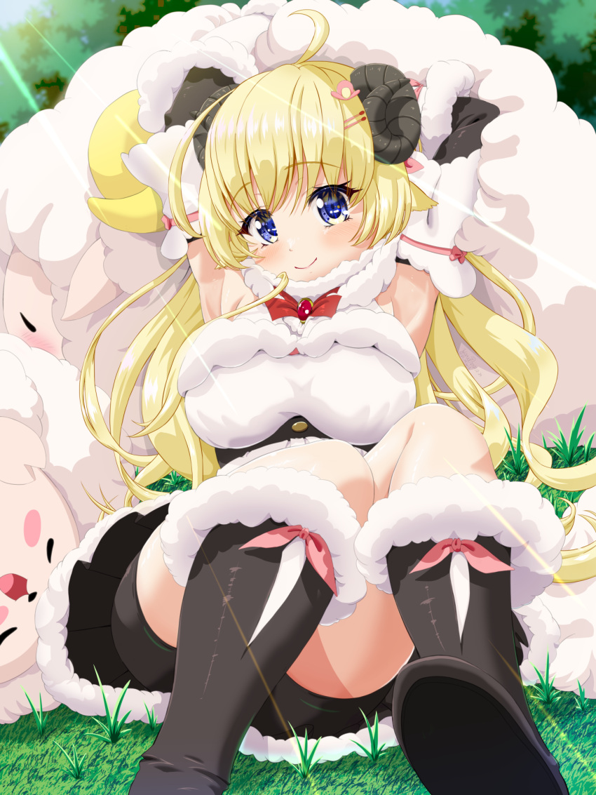 ahoge animal_ears arms_behind_head arms_up black_footwear black_shorts blonde_hair blue_eyes blush boots breasts dress female fur-trimmed_boots fur-trimmed_dress fur_trim hair_ornament hairpin highres hololive horns large_breasts long_hair looking_at_viewer misril sheep_ears sheep_girl sheep_horns shorts smile tsunomaki_watame tsunomaki_watame_(1st_costume) virtual_youtuber watamate white_dress