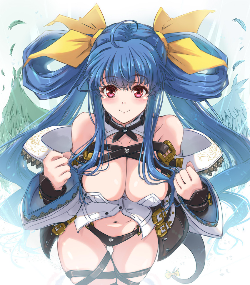 ahoge angel_wings ass_visible_through_thighs bare_shoulders belt black_panties blue_hair blush breasts cleavage cleavage_cutout closed_mouth clothing_cutout collarbone crop_top dizzy_(guilty_gear) feathered_wings feathers female from_above guilty_gear guilty_gear_xrd hair_between_eyes hair_rings highres large_breasts long_hair long_sleeves nt50 panties red_eyes ribbon skindentation smile tail tail_ornament tail_ribbon thick_thighs thigh_gap thigh_strap thighs twintails underwear very_long_hair wings