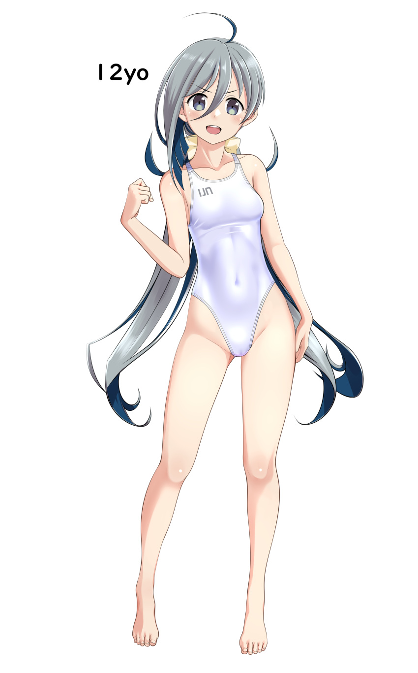 absurdres ahoge bare_shoulders barefoot breasts clothes_writing collarbone commentary_request competition_swimsuit covered_navel female full_body grey_eyes grey_hair hair_between_eyes highres kantai_collection kiyoshimo_(kancolle) kiyoshimo_kai_ni_(kancolle) long_hair low_twintails one-piece_swimsuit open_mouth round_teeth simple_background small_breasts solo swimsuit takafumi teeth twintails upper_teeth_only variant_set very_long_hair white_background white_one-piece_swimsuit