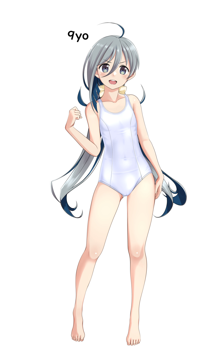 absurdres ahoge bare_shoulders barefoot collarbone commentary_request covered_navel female flat_chest full_body grey_eyes grey_hair hair_between_eyes highres kantai_collection kiyoshimo_(kancolle) long_hair low_twintails new_school_swimsuit one-piece_swimsuit open_mouth round_teeth school_swimsuit simple_background solo swimsuit takafumi teeth twintails upper_teeth_only variant_set very_long_hair white_background white_one-piece_swimsuit