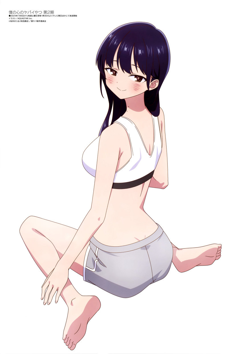 absurdres aqua_inc. barefoot black_hair blush boku_no_kokoro_no_yabai_yatsu breasts feet female highres large_breasts long_hair looking_at_viewer magazine_scan megami_magazine mole mole_on_neck official_art scan shorts simple_background sitting smile soles sports_bra thighs toes wariza white_background yamada_anna