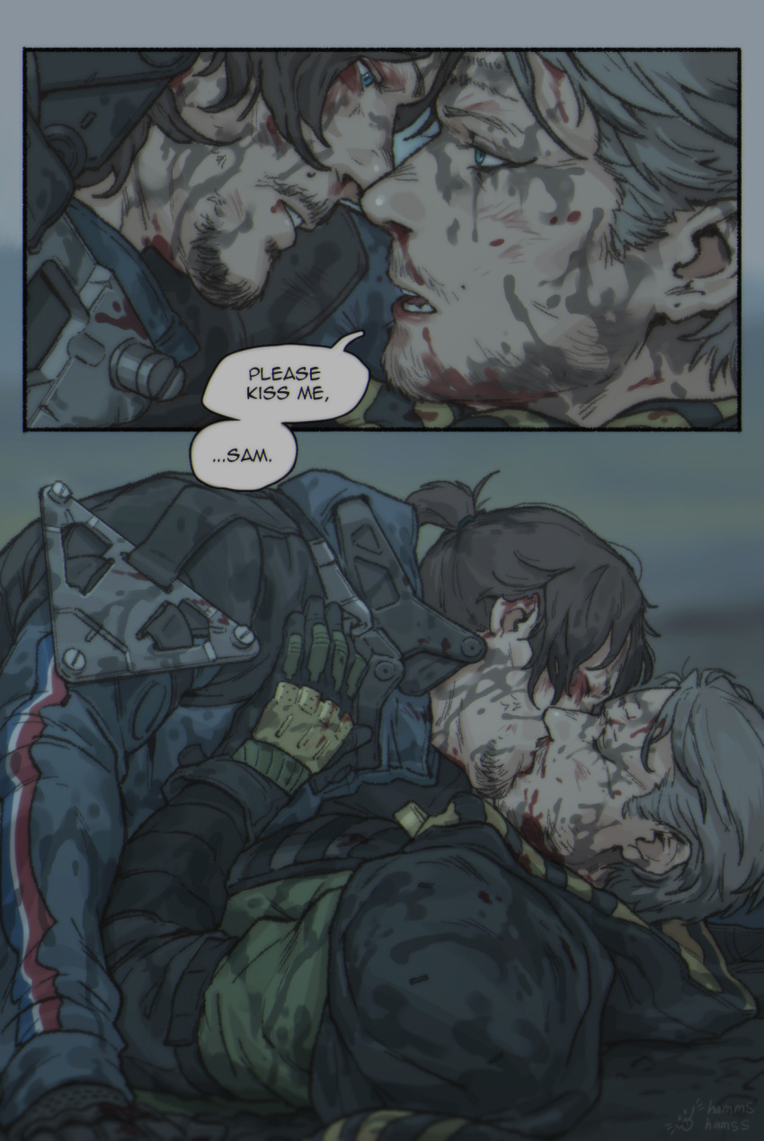 2boys black_gloves black_hair black_jacket blue_jacket closed_eyes couple death_stranding dirty dirty_clothes dirty_face english_text facial_hair gloves goatee grey_hair hamms_hamss higgs_(death_stranding) highres hood hood_down jacket kissing lying male_focus mature_male moustache multiple_boys on_back open_mouth sam_porter_bridges short_hair yaoi