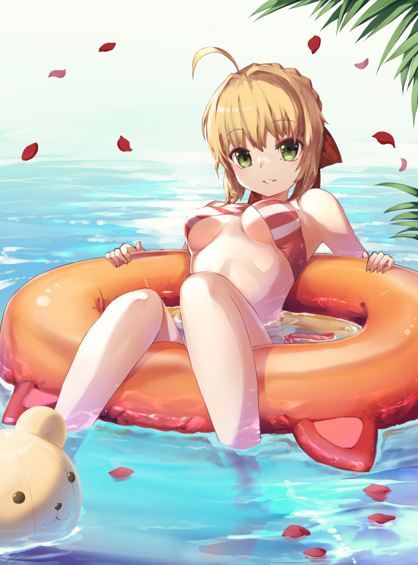 absurdres ahoge bare_shoulders bikini blonde_hair breasts commentary fate/grand_order fate_(series) female floating green_eyes hair_intakes hair_ribbon highres innertube_with_ears knees_together_feet_apart looking_at_viewer medium_breasts nero_claudius_(fate) nero_claudius_(swimsuit_caster)_(fate) orange_innertube outdoors parted_lips petals petals_on_liquid red_ribbon ribbon rose_petals side-tie_bikini_bottom sitting smile soaking_feet solo striped_bikini striped_clothes swimsuit taka.yana underboob water