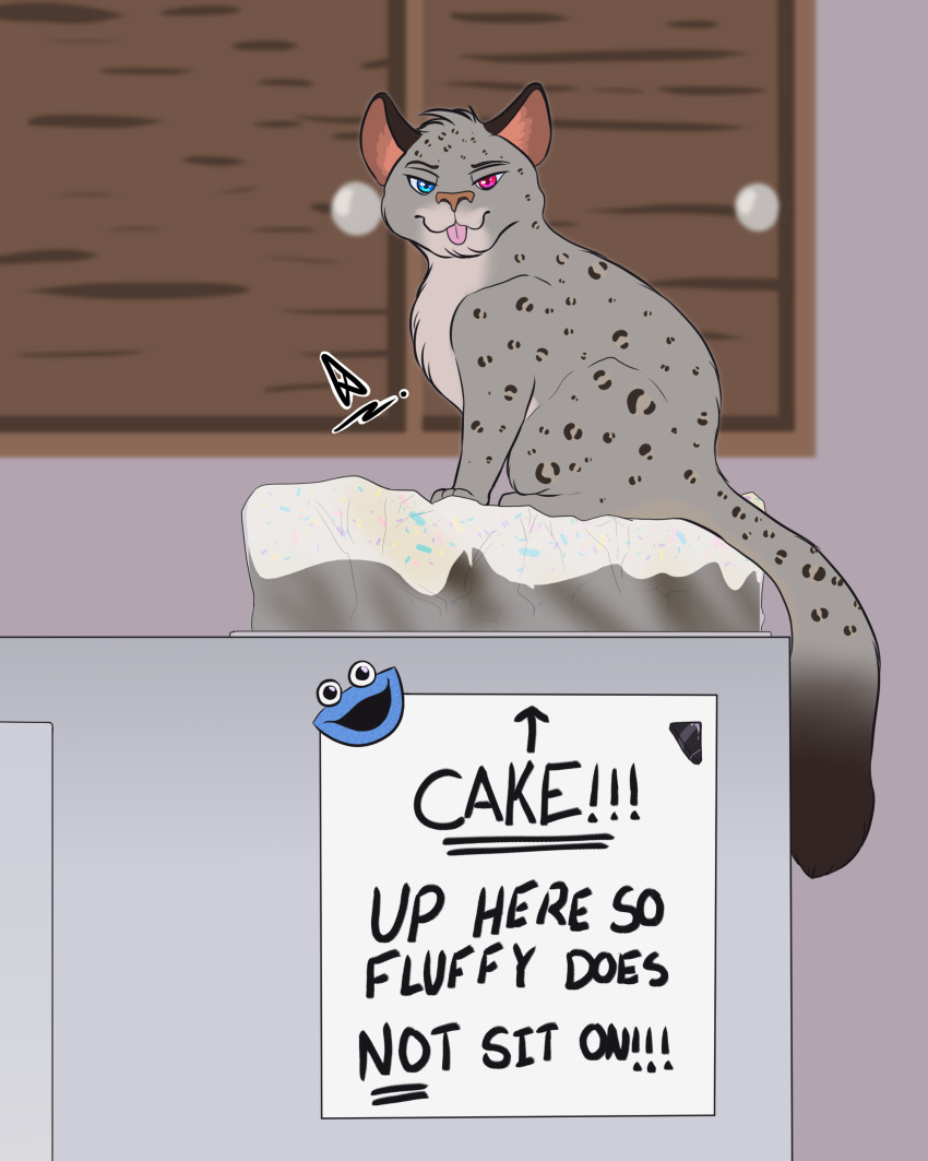 4:5 absurd_res aiden_fire ambiguous_gender andromorph_(lore) appliance cabinet cake dessert english_text felid feral fluffy_the_gooey_kitty food fridge heterochromia hi_res kitchen_appliance magnet mammal pantherine silly snow_leopard solo text