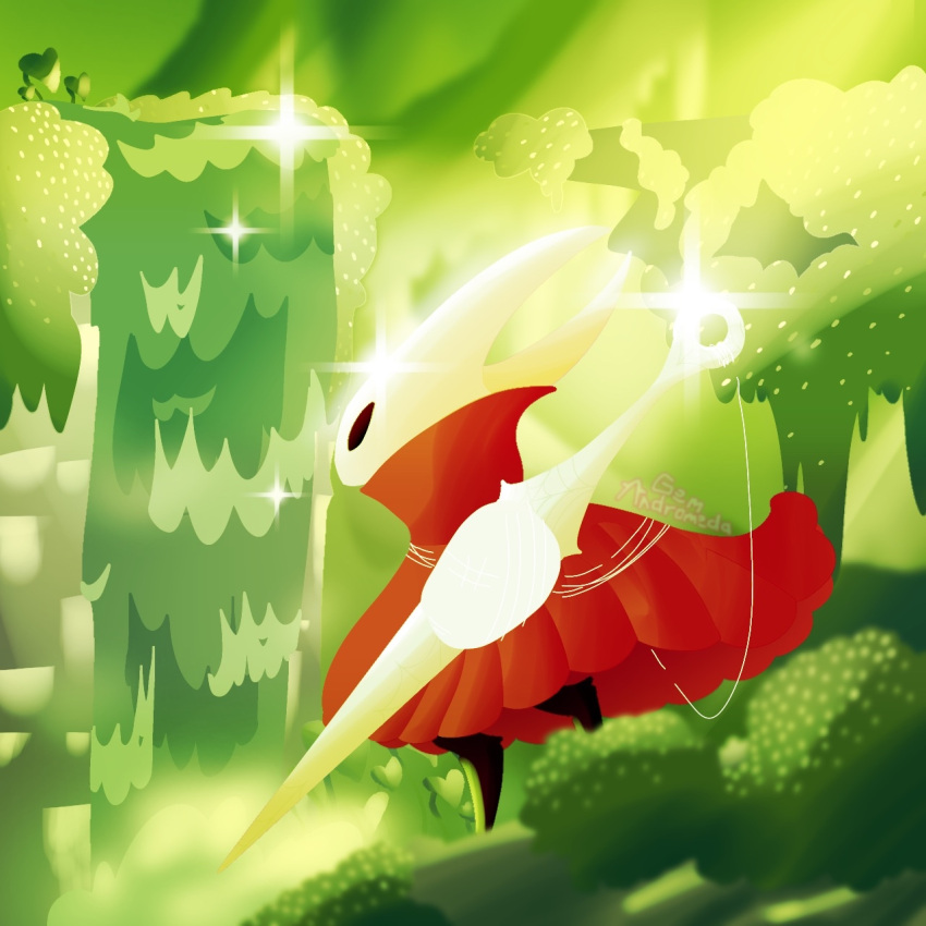 1:1 ambiguous_gender anthro arachnid arthropod cloak clothing detailed_background gem_andromeda green_background hi_res hollow_knight hollow_knight:_silksong hornet_(hollow_knight) moss nail_(weapon) plant red_cloak red_clothing scenery silk simple_background solo spider team_cherry water waterfall