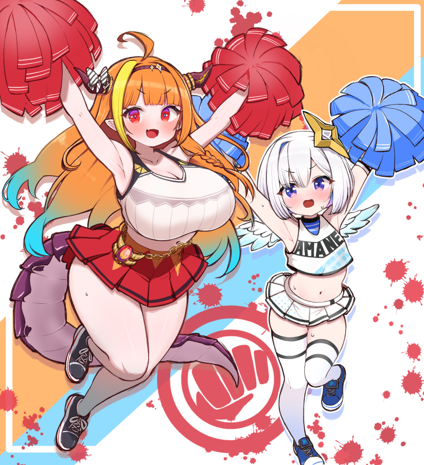 2girls ahoge amane_kanata black_footwear blonde_hair blue_footwear breasts character_name cheerleader clothes_writing cropped_shirt dragon_girl dragon_horns dragon_tail flat_chest halo highres hololive horns kani_bonara kiryu_coco large_breasts looking_at_viewer miniskirt multicolored_hair multiple_girls oerba_yun_fang orange_hair pom_pom_(cheerleading) purple_eyes red_eyes red_skirt shirt shoes skin_fang skirt star_halo streaked_hair tail thighhighs virtual_youtuber white_hair white_shirt white_skirt white_thighhighs