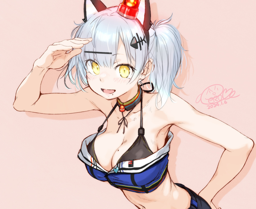 alarm_siren animal_ears bare_shoulders bikini bikini_top_only blush breasts cat_ears cleavage commentary_request crop_top dated detached_collar fake_animal_ears female fish_bone grey_hair hair_ornament highres indie_virtual_youtuber large_breasts looking_at_viewer mole mole_on_breast mole_under_mouth navel nekomoto_pato open_mouth salute shorts smile solo swimsuit tamanoi_peromekuri twintails upper_body virtual_youtuber yellow_eyes