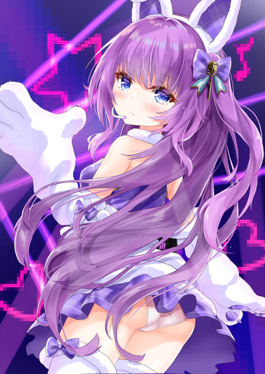 absurdres animal_ears animal_hands ass azur_lane blue_eyes blush butt_crack classic_(zildjian33) commentary_request concert eyes_visible_through_hair fake_animal_ears female from_behind gloves hairband highres leaning_forward light_rays long_hair long_sleeves looking_at_viewer looking_back microphone panties pantyshot paw_gloves plaid plaid_skirt pleated_skirt purple_hair rabbit_ears revision sidelocks skirt solo tashkent_(azur_lane) tashkent_(muse)_(azur_lane) thighhighs underwear white_panties white_thighhighs