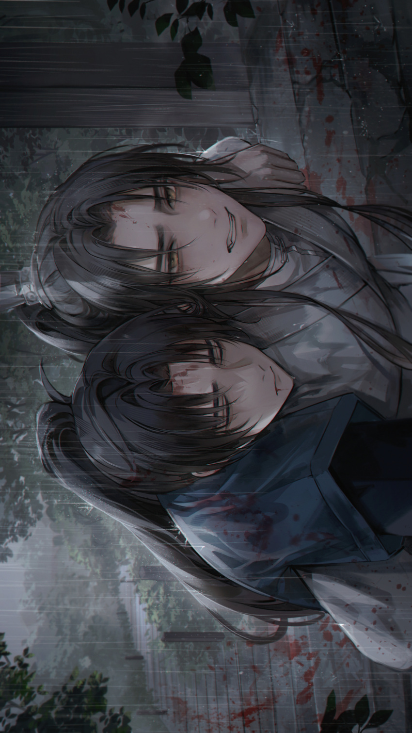 absurdres black_hair blue_robe brown_hair chinese_clothes chu_wanning erha_he_tadebai_mao_shizun highres long_hair long_sleeves male_focus mo_ran robe very_long_hair white_robe young57440489